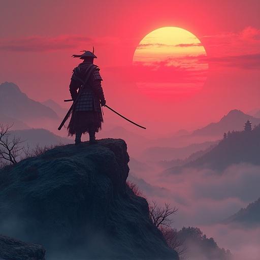 Samurai stands on windswept mountain gazing at crimson sunset. Katana sheathed. Face shows wisdom. Scene reminiscent of feudal Japan with mist-shrouded valleys and ancient temples. Rendered in detailed WLOP style with vibrant colors and ethereal fantasy.