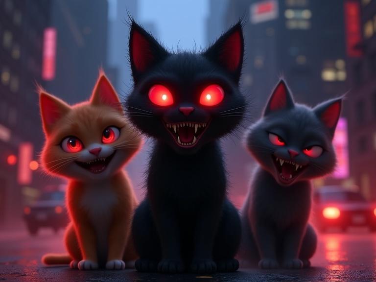 Scary black cat with glowing red eyes and sharp fangs. Cat has monstrous features with sharp ears and twisted grin. Smoke surrounds the body. Two other cats are in front. Lighting shows city neon lights.