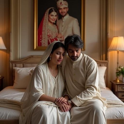 Show a wealthy Pakistani couple in a luxurious bedroom. The room has elegant furniture and warm lighting. The wife wears simple shalwar kameez, looking sad. The husband comforts her. Behind them is a wedding photo of the couple in joyful attire. The emotional tone contrasts past joy with present sorrow.