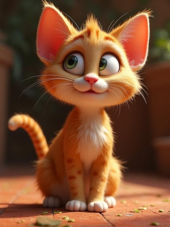 A cute animated kitten with orange fur and big green eyes sits on a brick floor. The style resembles Pixar animations.