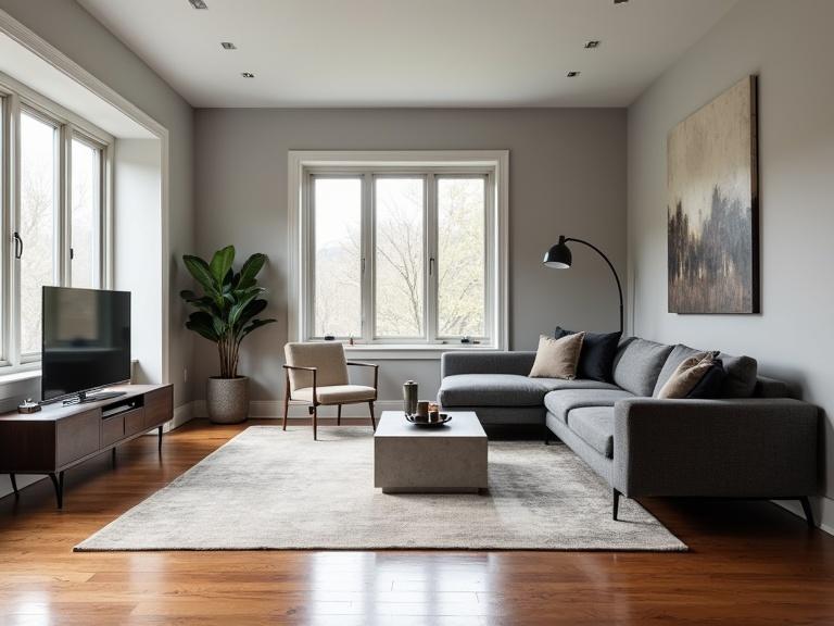 Room features hardwood floors and warm gray walls. Large windows provide natural light. Low-profile charcoal sectional sofa faces dark wood media console with a screen. Metal floor lamp arches beside sofa. Centered is a rectangular coffee table with a glass or concrete top. Single accent armchair offers contrast. Sparse abstract artwork adorns the wall. Minimal decor on coffee table and console. Large-leafed plant in the corner. Lighting includes recessed fixtures and sculptural pendant.