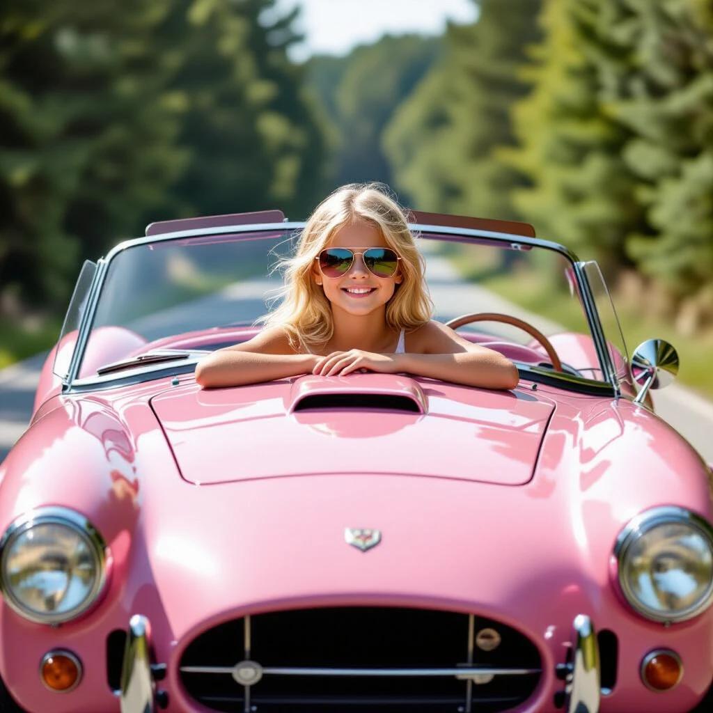 A girl with blonde hair sitting in a pink classic V8 AC Cobra car. She wears sunglasses and smiles at the camera in a sunny setting.