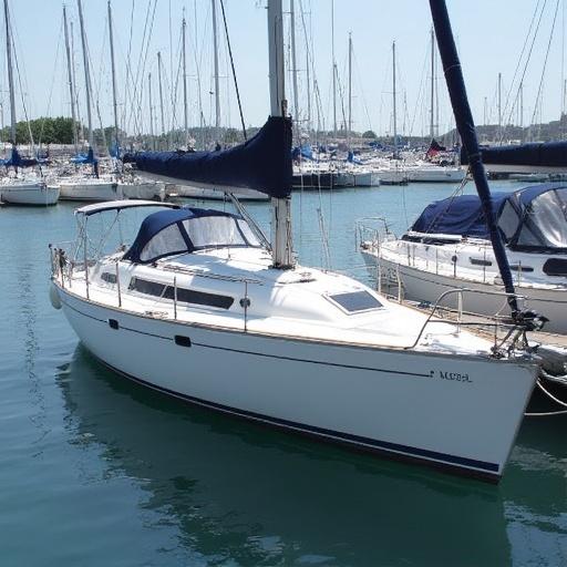 Sailboat named KSB nori 40 docked at a marina with several other boats in the background. The sailboat features a blue canopy and is reflected on the water surface.