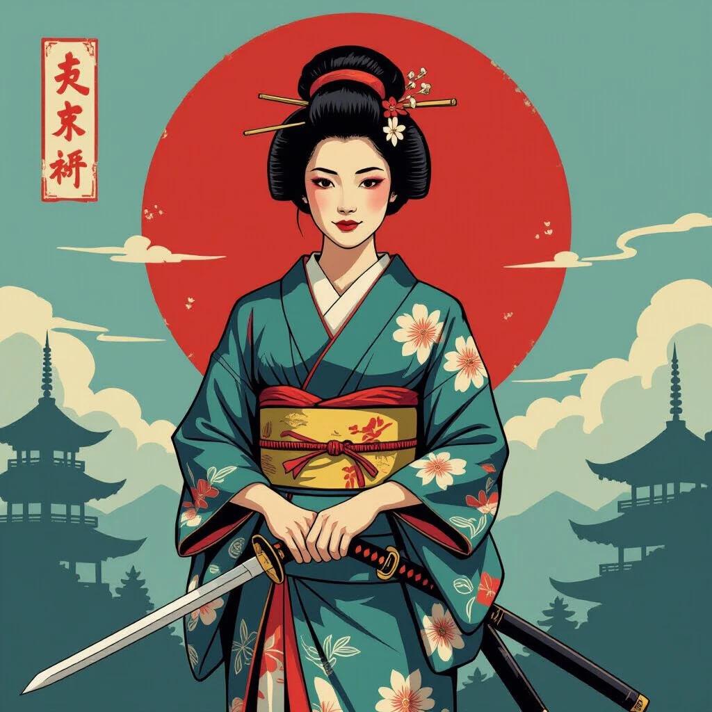 A depiction of a female samurai dressed in traditional Japanese clothing. The background displays a large red circle symbolizing Japan with stylized clouds. The character holds multiple swords and is set in front of pagoda-style buildings.