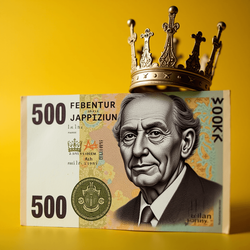 A 500-unit banknote featuring a detailed portrait of an elderly man, topped with an ornate golden crown against a solid yellow background.