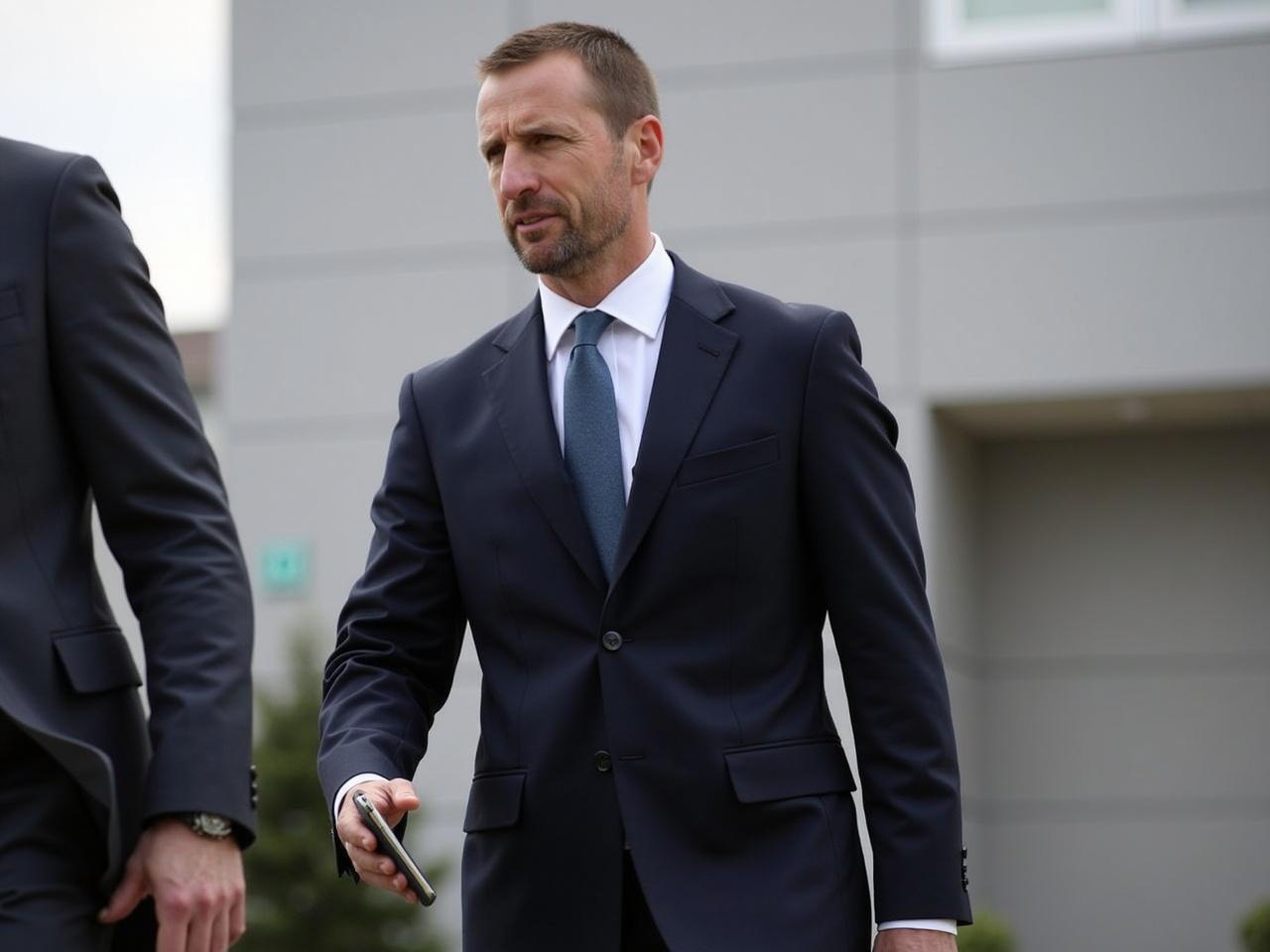 The image shows a man dressed in a formal suit. He is wearing a dark jacket with a light-colored shirt and a tie. The suit pants are also dark, and he appears to be holding a smartphone in his left hand. The background shows a modern building, suggesting an outdoor setting. There is another person next to him, but their features are not clear due to the angle. The overall setting gives a sense of a formal occasion or event.