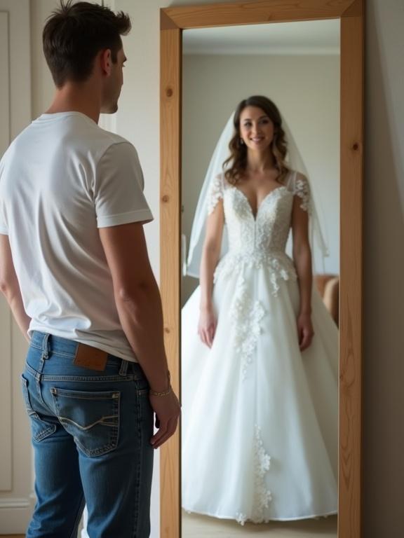 Man in jeans and a t-shirt looks in a mirror. Reflection shows him in a bridal dress. Room has soft lighting and a wooden-framed mirror.