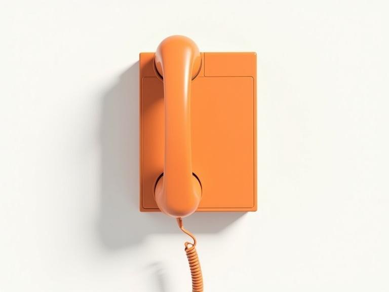 A minimalistic image of an orange telephone receiver on a clean white background. The receiver casts soft shadows. A coiled cable extends from the receiver, trailing off to the right. The composition is simple, focusing on the receiver and negative space.
