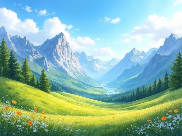 Sunny mountain landscape seen from a valley with towering peaks in the distance. Clear blue sky with soft white clouds. Lush green meadows and wildflowers in the foreground. Bright daylight creates a tranquil and majestic atmosphere. Watercolor painting style with richly textured brushstrokes. Inspired by classical landscape art. Ultra detailed and vibrant colors. 16k resolution.