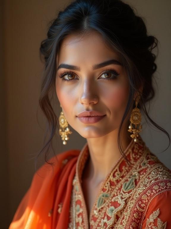 A beautiful female model is wearing a traditional Punjabi salwar suit with intricate embroidery. The setting features soft natural light that highlights her realistic skin texture and subtle natural makeup. Her hair is styled elegantly, complementing gold earrings.