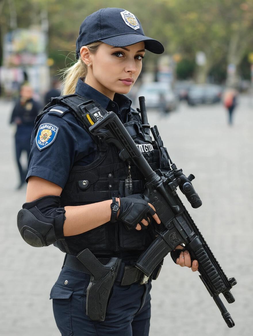 Full body view of a female police officer holding her standard weapon in hand
