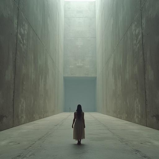 A person stands in a vast concrete room. The figure gazes into the distance at a heavy sealed steel door. Soft light illuminates the path to the door, evoking feelings of distant hope.