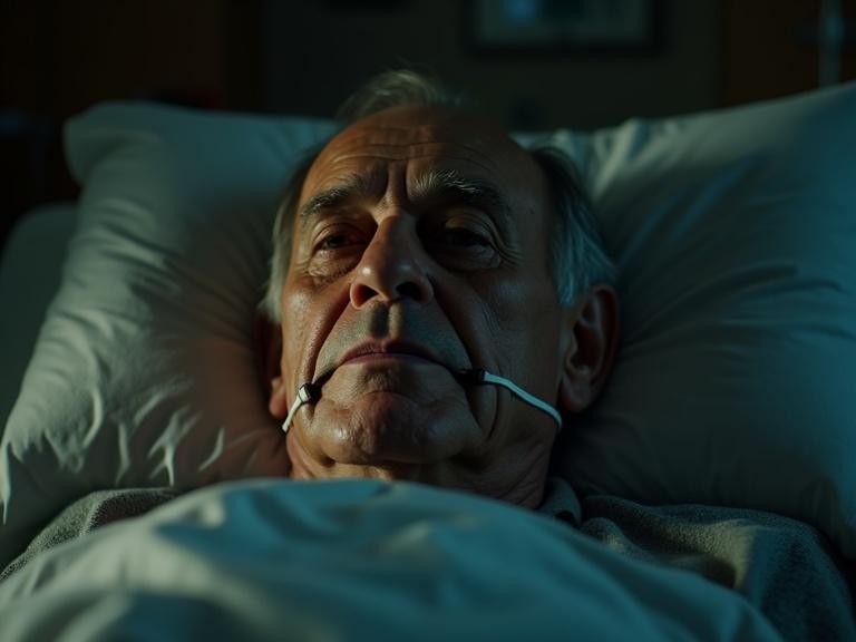 A cinematic scene with an old man lying in a hospital bed. Dimly lit room with a medium shot focusing on his expressive face. Oxygen tubes on his nose and mouth. Heart monitor shows a slow heartbeat. Warm light on his face, shadowy background. Mood is reflective and heavy with silence.