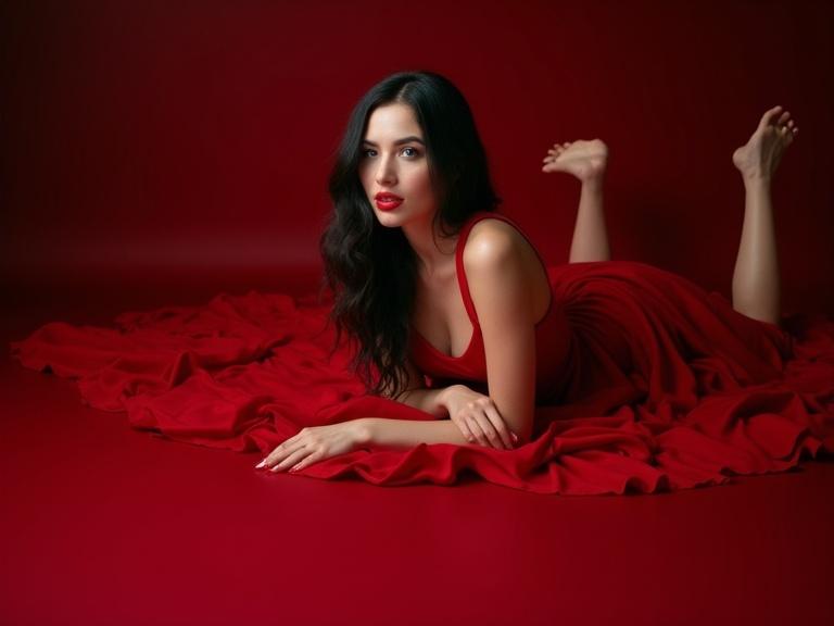 A model with black hair and blue eyes poses on her front. She has red lips and is barefoot. She wears a long red dress and lies on a red carpet.