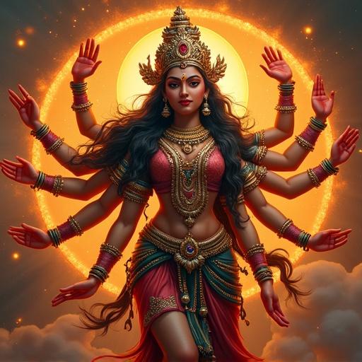 Maa Durga depicted with multiple arms symbolizing power and strength, ornate jewelry and traditional attire, glowing background representing divinity, spiritual and majestic presence.