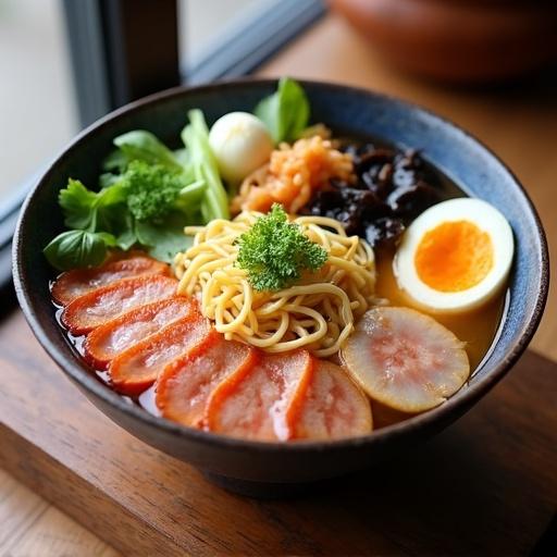 Ramen in a bowl with various toppings including sliced meat, egg, and vegetables. Bright colors and inviting presentation.