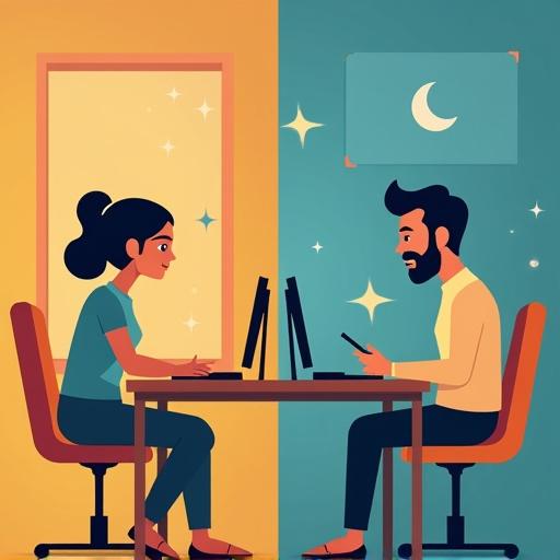 A split panel depicting a daily routine showing work and technology. One side is a woman at a desk, on the other side is a man using a phone. The woman represents productivity and the man represents distraction. A contrasting background separates the two sides.