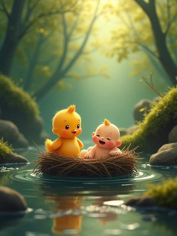 A small orange-yellow cartoon chick finds a crying baby in a nest on a forest stream. The setting has warm morning light, fog, moss-covered rocks, and green trees.