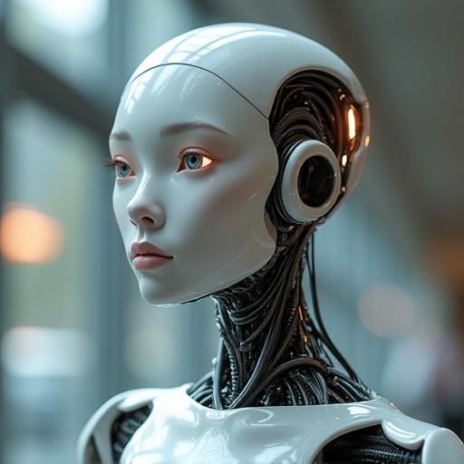 Beautiful female robot with human and android features. Focus on the face and upper body. Soft lighting with warm tones. Elegant and futuristic design.