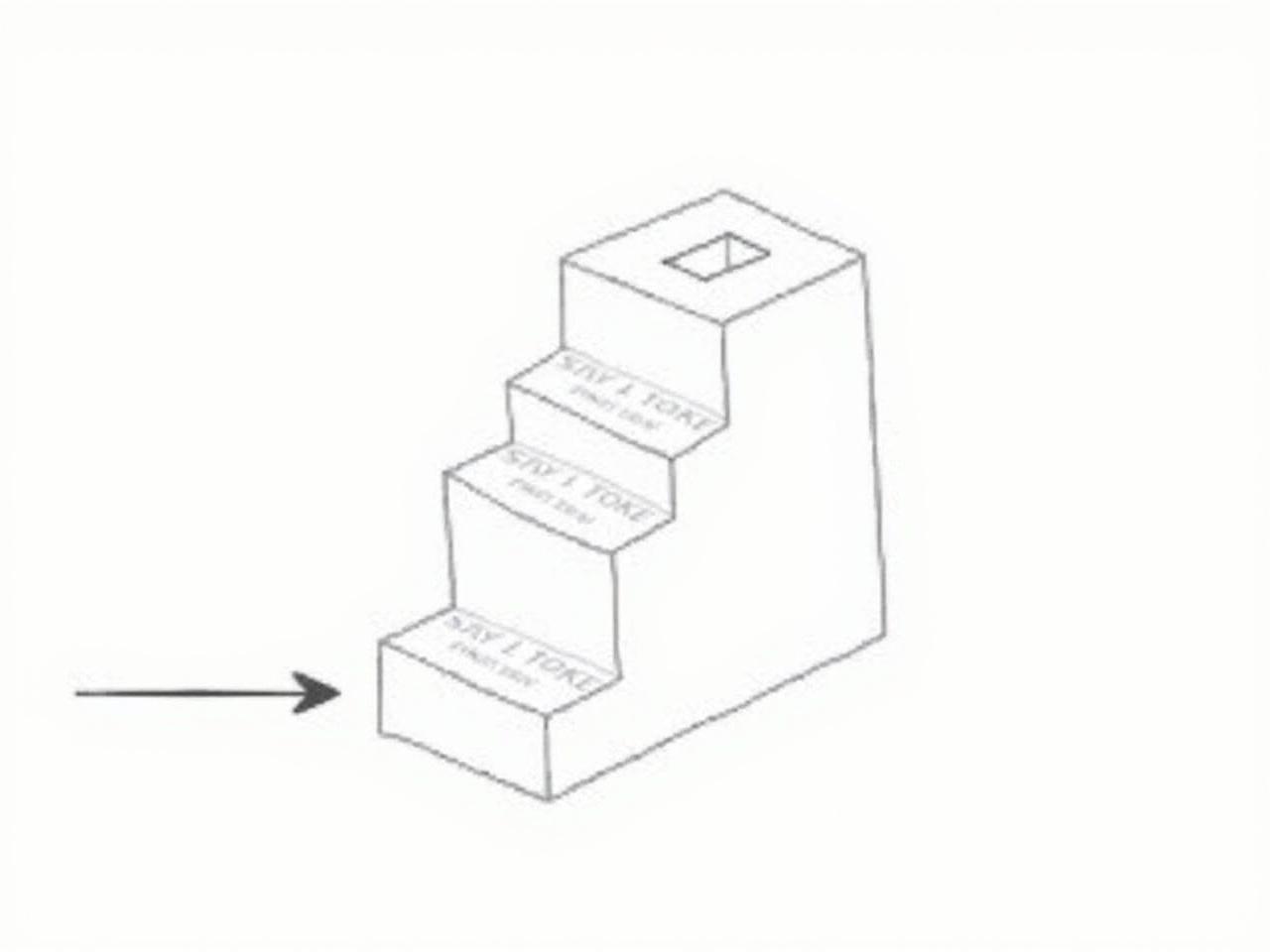 The image depicts a three-dimensional block structure resembling a staircase. It consists of two main sections, one being a larger rectangular shape at the bottom and a smaller, more complex structure at the top. The top section features a cut-out, creating an interesting design. The blocks are outlined with clear lines against a white background. An arrow at the bottom left points towards the structure, possibly indicating a specific focus or direction.