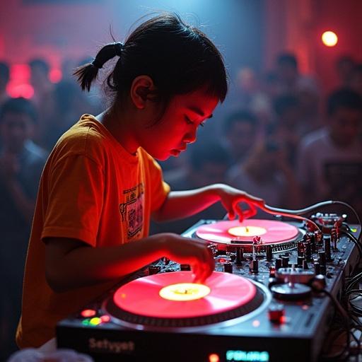 A young DJ performs at a music event on two turntables. The atmosphere is energetic with bright lights. The DJ is focused and skillfully manipulating the records. A crowd surrounds, cheering the performance.
