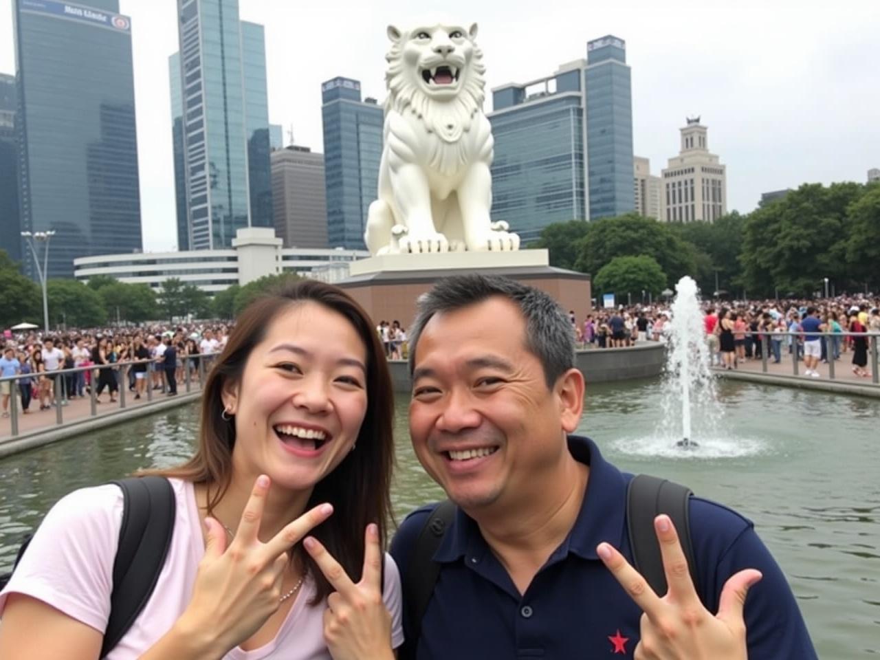 The image shows two people taking a selfie near a famous landmark. Behind them is a large white statue resembling a lion, a symbol associated with the location. The background features modern skyscrapers and a water fountain. The scene appears vibrant with many people visible in the background enjoying the sight. Both individuals in the foreground are making playful gestures, contributing to a lighthearted atmosphere. The weather looks overcast, indicating a possibility of rain.