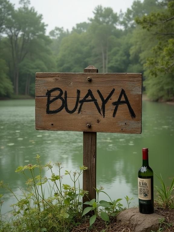 Wooden rectangular warning sign near a swampy lake. Sign says BUAYA. A bottle of green wine beside the sign.