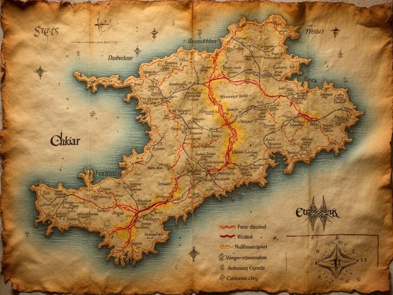 Parchment map depicting an ancient Galician region. Glowing spectral trails over winding paths. Worn edges and mystical symbols drawn in ink.