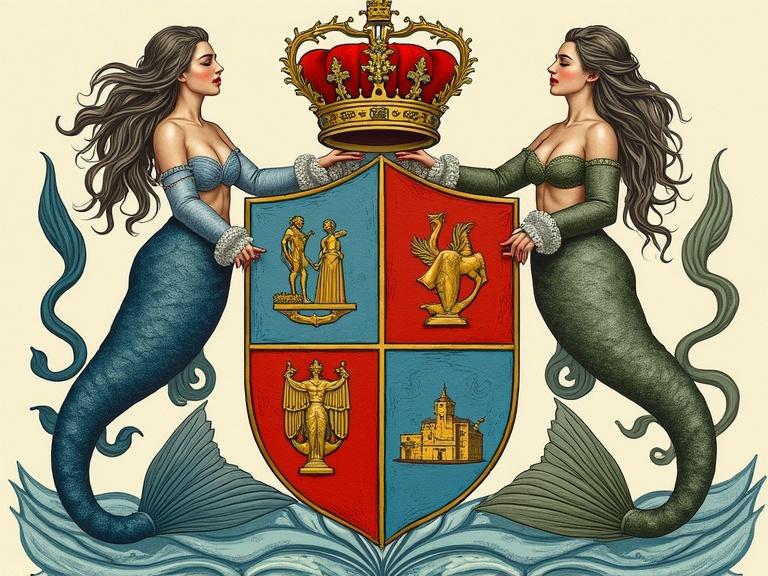 Coat of arms featuring mermaids representing Galicia. Two mermaids supporting a shield with symbols and a crown. Prominent elements include statues and cultural references. Artistic detail reflects local traditions.