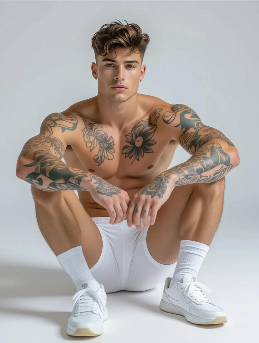 A 19-year-old thin male model poses in white underwear. He wears white socks and sports sneakers. His body is covered in intricate tattoos. The setting features professional studio lighting, emphasizing the underwear. The model adopts a sensual sitting pose on the floor, showcasing the tattoos effectively. This is a full body photography aimed at advertising.