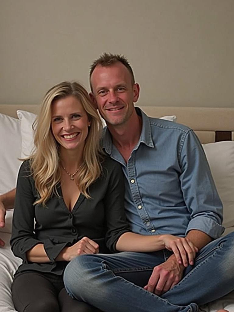 Couple seated together on bed. They appear cheerful and connected. A cozy indoor setting is evident. The image conveys warmth and companionship.