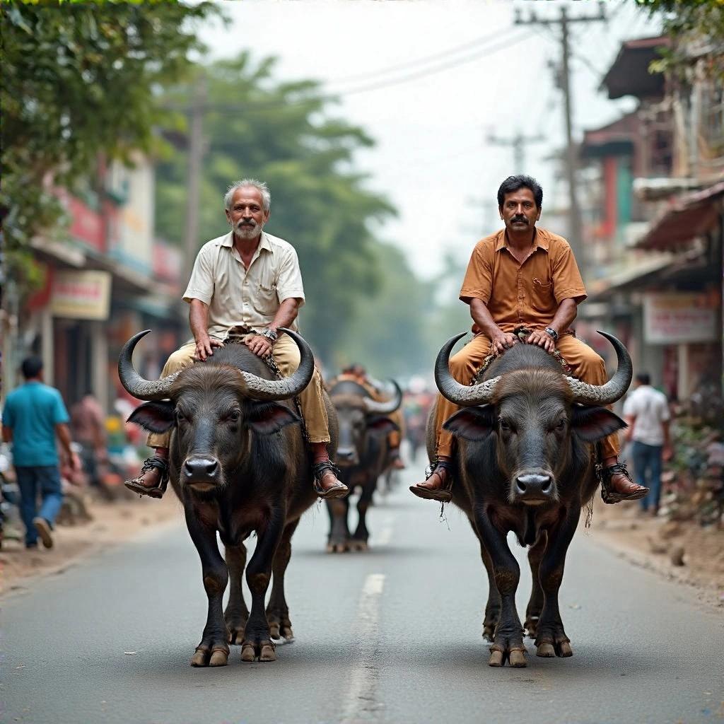 Two men ride water buffalo down a street in a rural area. They wear casual clothing and the environment shows local shops and greenery.