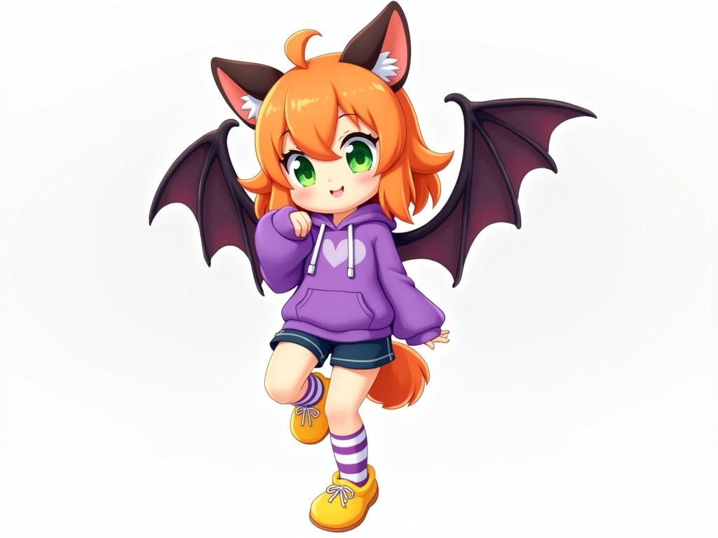 The image features a female character in a cartoon style. She has bat-like wings that complement her furry appearance. The character wears a high school uniform consisting of a purple hoodie and shorts. Her legs are adorned with striped socks and she wears yellow shoes. She has orange hair and striking green eyes, posed in a playful manner.