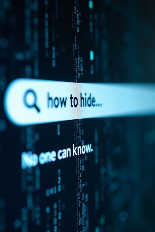 Close-up perspective of a search bar displaying autofill text. Autofill includes phrases like ‘how to hide…’ and ‘no one can know.’ Background appears with digital static, focusing on technology themes.