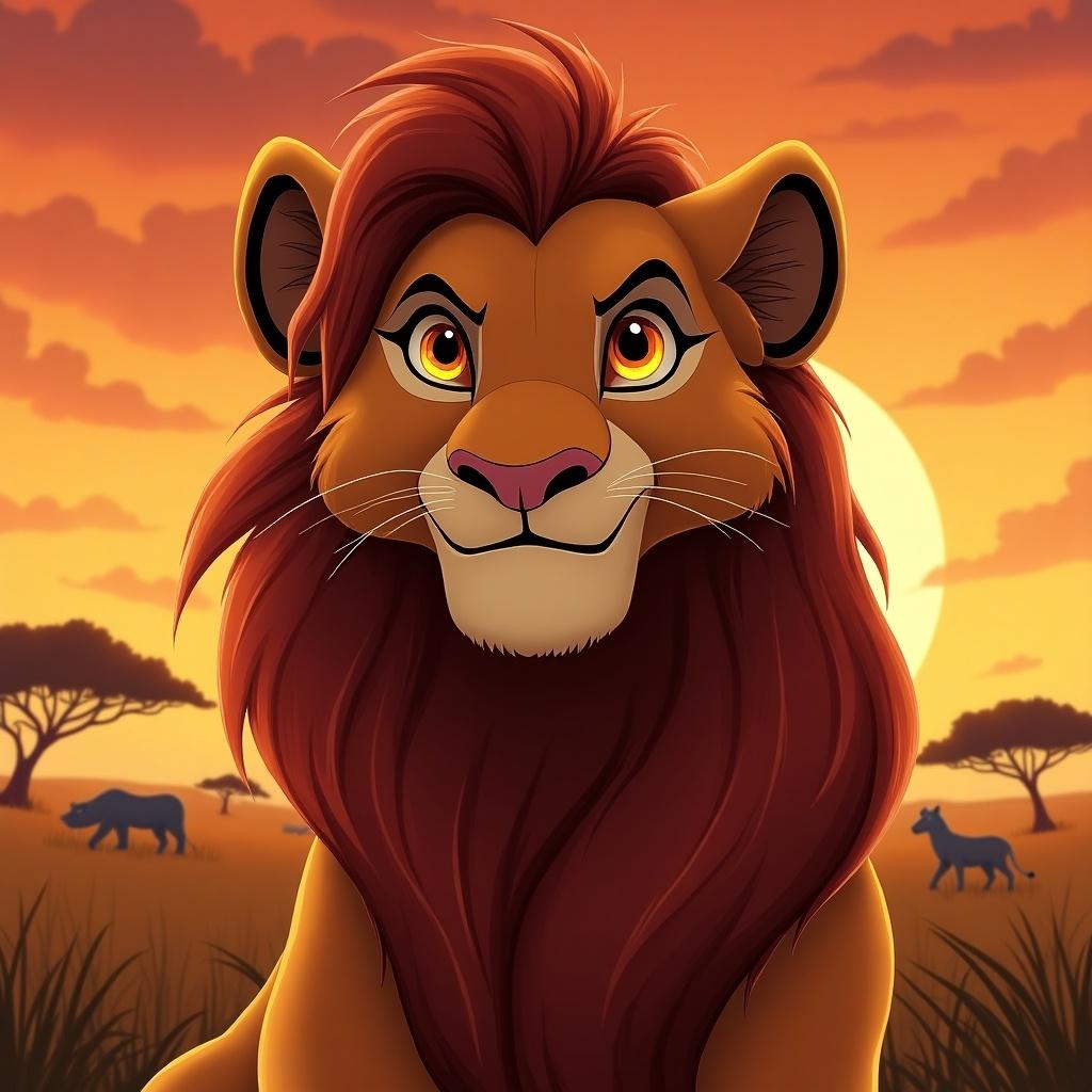 This image features a lion with a striking and expressive face, illuminated by a warm sunset. The lion has a majestic mane that flows with vibrant colors. Its eyes are bright and fierce, conveying strength and determination. The background is a savanna landscape with silhouettes of trees and distant animals. This artwork captures the essence of bravery and adventure found in wildlife settings.