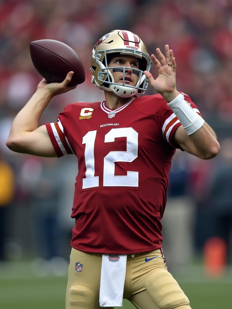 Quarterback throwing a football during a game. He wears a red sports jersey with gold accents. The scene is filled with sports fans in the background.