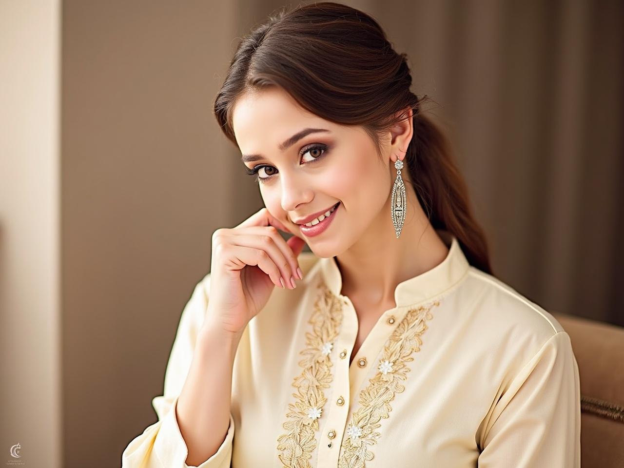 The image features a young woman with long hair styled elegantly. She is dressed in a light-colored outfit with intricate designs. Her earrings are long and stylish, drawing attention as she poses gracefully. The woman is slightly turned to the side, giving a soft and serene expression. The background appears to be softly lit, adding a warm ambiance to the scene. Her hand rests on her cheek as she touches her earring, showcasing her outfit's delicate details. The overall look is fashionable and sophisticated.