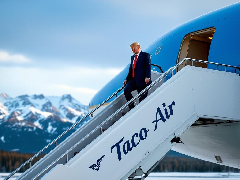 A photographic image of Donald Trump walking down the stairs of Air Force One. The airplane is labeled 'Taco Air'. The Rocky Mountains in Alberta, Canada, are visible in the background after the G7 meeting.