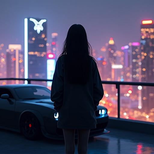 A young girl with long black hair stands on the rooftop. She wears a loose outfit, hands in pockets. The city skyline is vibrant with neon lights at night. A sleek sports car is parked nearby. Gentle breeze creates a sense of freedom. The atmosphere is cinematic, reminiscent of video games, with an urban flair and modern elegance.
