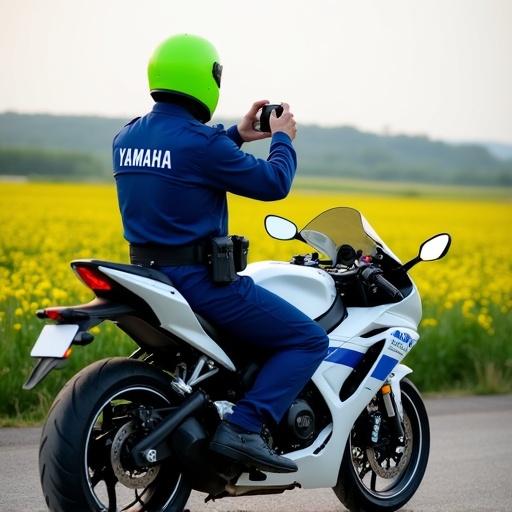 A police officer wears a blue onesie and a bright green helmet. He takes a photo of a flower field while sitting on a Yamaha motorbike. The motorbike is white with a blue line. The view is from the back showing the officer and the scenery.