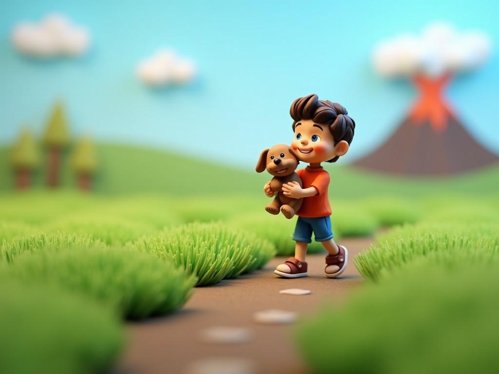 A cheerful young boy is walking along a path in a vibrant, cartoonish landscape. He holds a cuddly plush puppy close to his chest. The background features colorful trees and a playful volcano. The ground is dotted with soft green grass and a winding dirt path. The scene radiates joy and innocence, perfect for children's content.