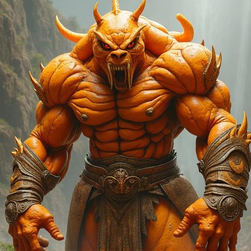 Huge muscular monster made of oranges. Warrior armor enhances physique. Sinister expression confronts viewer directly. Setting features dramatic backdrop.