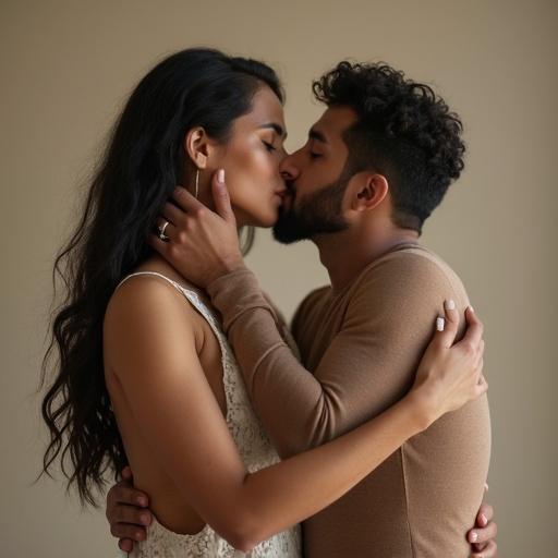 A couple in an intimate embrace with a kiss. Woman wears a dress and the man is in a casual top. The focus is on their love and connection.
