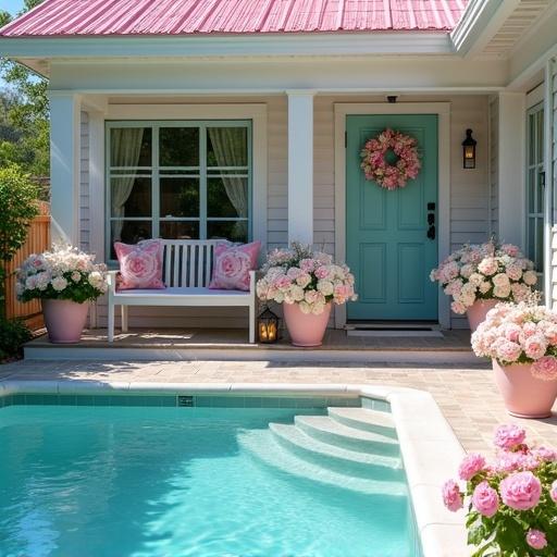 Bright sunny day showing a swimming pool. Full view of a light pink and white cottage with shutters and flower boxes. Features a wide wrap around porch. Pink roof and light aqua door with a rose wreath. Big flower pots with light pink roses and white hydrangeas. Big light aqua lanterns with candles. Twinkle lights on the wreath. Inside lights on. White swing with pink rose print pillows.