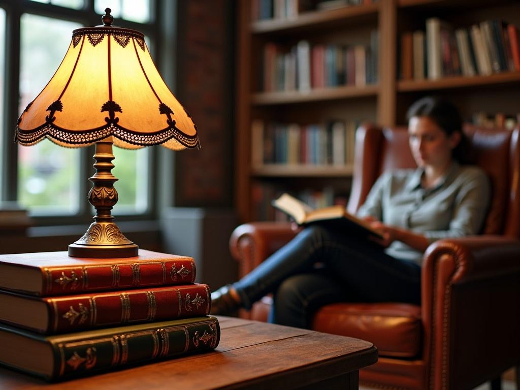 The image depicts a cozy library setting with soft, warm lighting. In the foreground, there is a beautiful table lamp with an ornate shade, illuminating a stack of vintage books. The books have rich colors and intricate designs on their spines, adding to the charm of the scene. In the background, a person is comfortably seated in a leather armchair, engrossed in reading a book. The shelves behind them are filled with various books, creating an inviting and intellectual atmosphere. Large windows allow natural light to seep in, complementing the warm glow of the lamp.