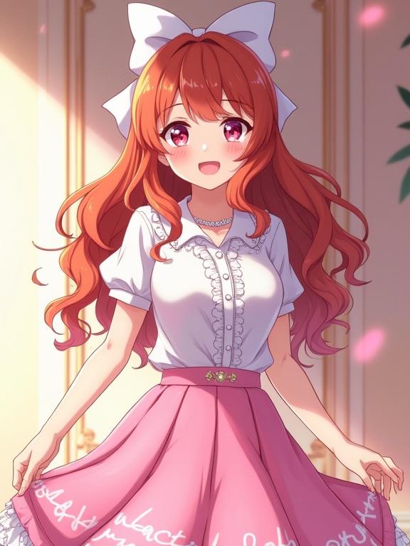 Anime illustration of young woman with long curly ginger hair wearing large white satin bow. Soft anime lighting against pastel interior wall with decorative backgrounds. Styled in kawaii feminine outfit with frilly white button-up and pink pleated skirt. Accessorized with sparkling crystal jewelry. Dynamic composition with soft glowing effects. Emphasizing cute anime expression and magical confidence.