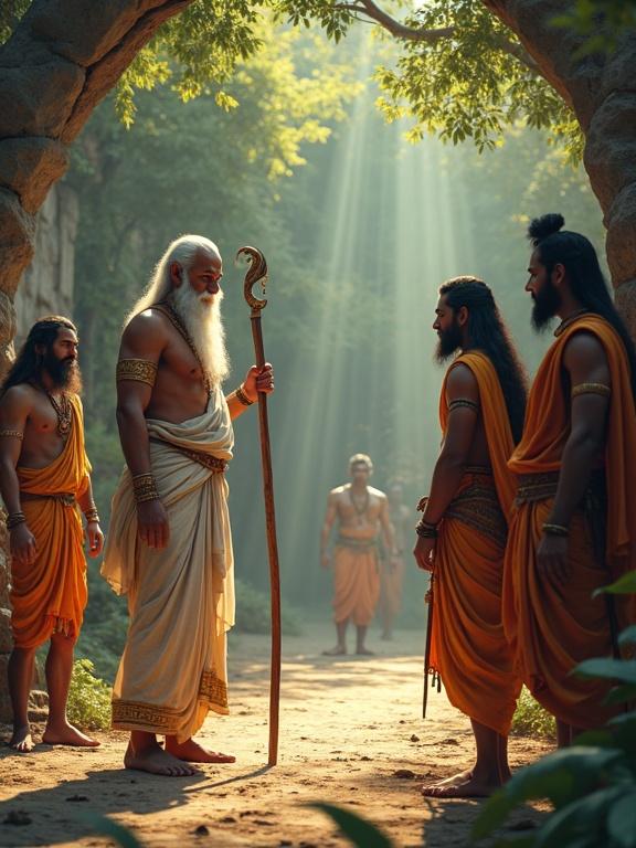 Scene depicts Dronacharya and Pandavas in an ancient Indian gurukul. Dronacharya, old sage, white beard, radiant eyes, holds wooden staff, wears white dhoti. Arjuna holds bow, Bhima, Yudhishthira, Nakula, Sahadeva in warrior dress. Vedic yantras on stone walls, beams of divine light from treetops. Epic tone, cinematic lighting, rich textures, pixel art style.