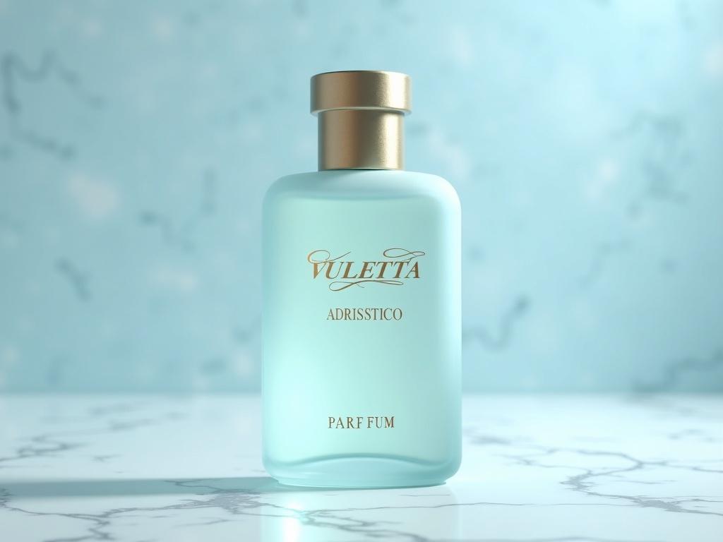 A minimalist and luxurious photo-realistic image of a frosted gradient glass perfume bottle on a light marble surface. The label reads 'VULETTA' in bold, 'ADRIATICO' in flowing script, and 'PARFUM' in small refined font, with 'POUR HOMME' beneath. The pale aquamarine liquid glows softly and the background is a textured light blue with diffused lighting.