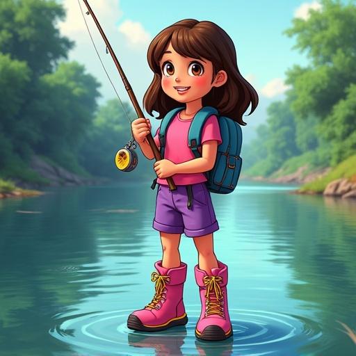 Cartoon girl standing in a river with a fishing rod. She wears a pink shirt and purple shorts with pink hiking boots. Long brown hair flows freely. Set against a nature backdrop with trees and blue sky.