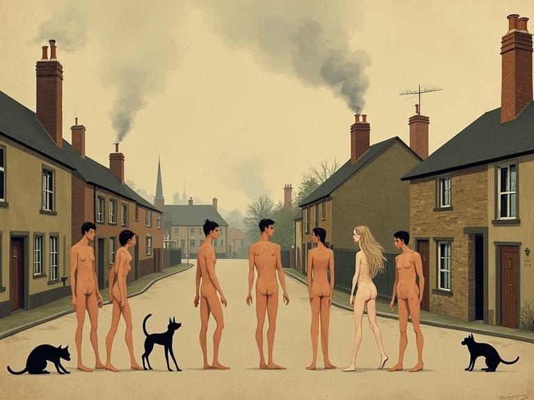 Scene inspired by Lowry featuring naked figures walking on a street alongside cats and dogs. Naive art style with smoke from chimneys in the background. Earthy colors dominate the scene.
